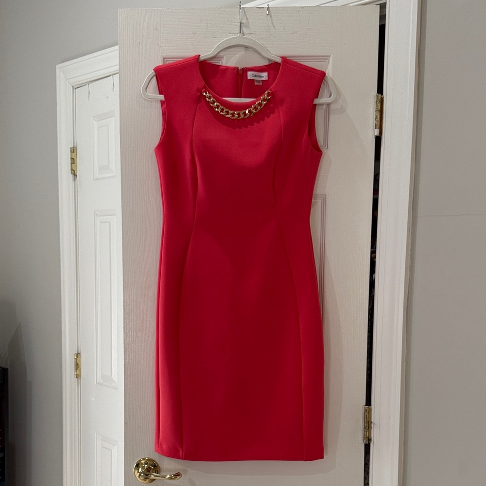 Calvin Klein Hot Pink Sheath Dress with Gold Chain